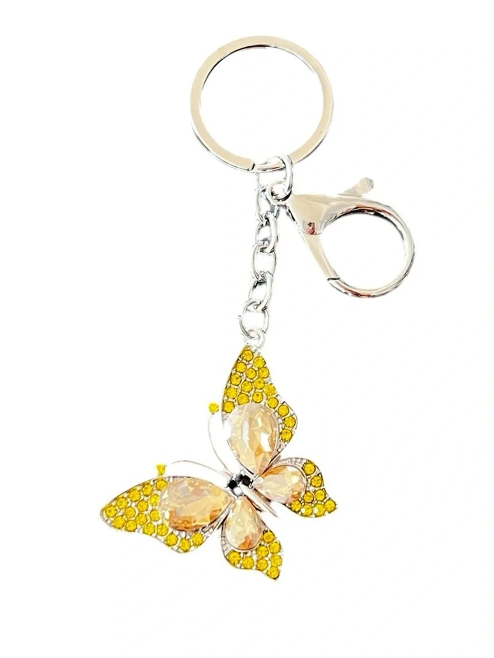 Allover Canary Yellow Rhinestone Silver Butterfly 2” Keychain Bag Purse Charm